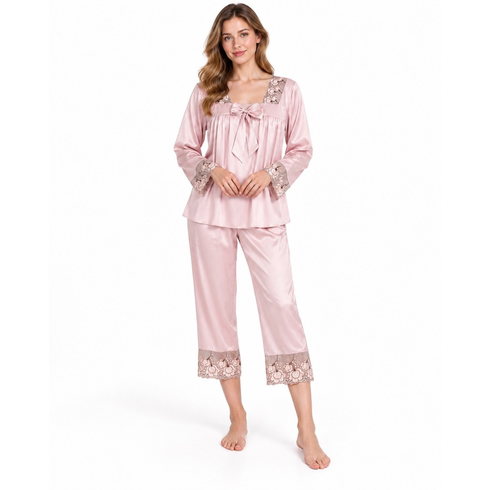 Duovane Pink Satin Pajama Set Lace Trim Bow Detail Square Neck Size Medium